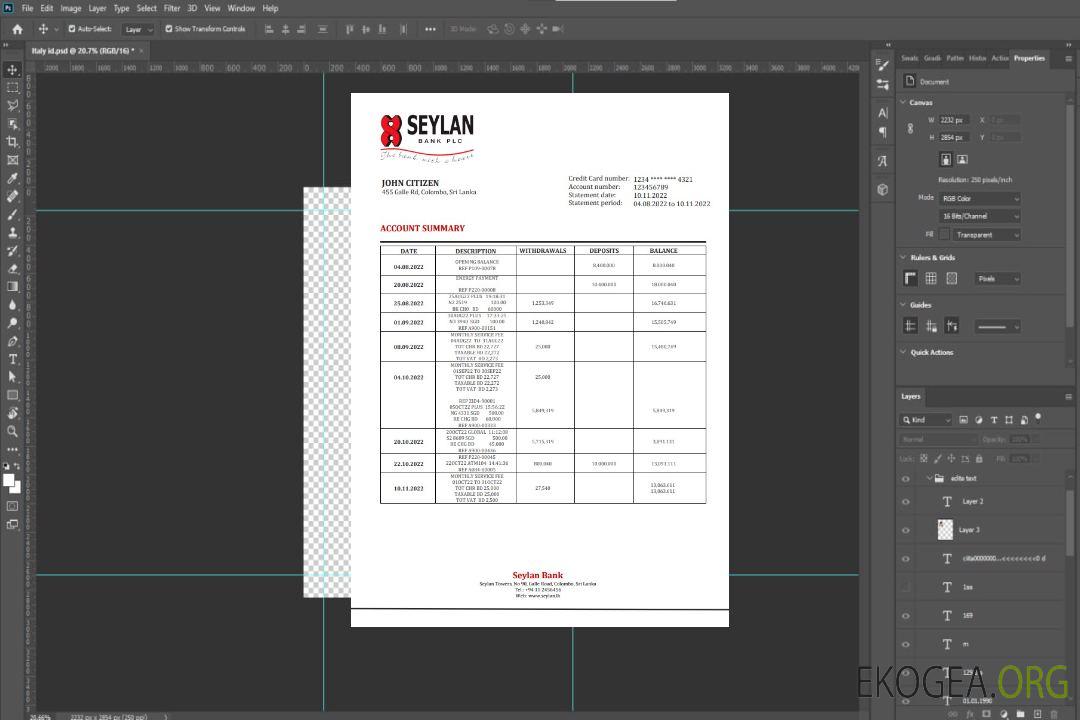 Relevé bancaire du Sri Lanka Seylan template